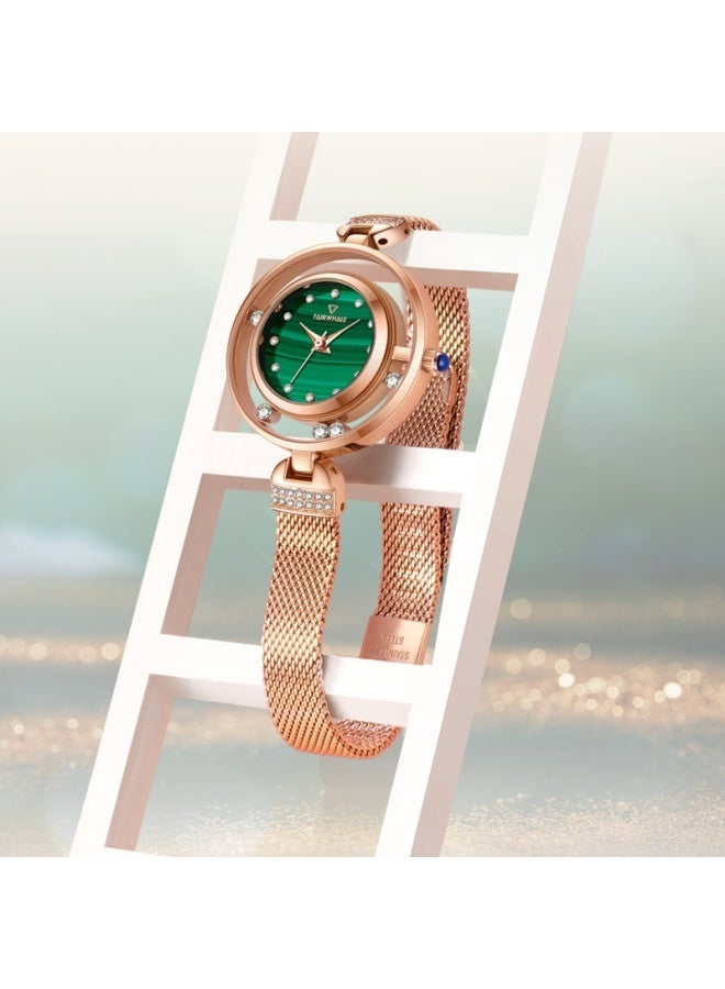 Mark Fairwhale Women's Diamond-Decorated Quartz Watch, Green Dial with Gold Stainless Steel Mesh Strap, Water-Resistant - Image 2